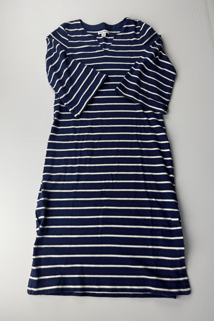 Tommy Bahama Dress Womens M Blue Striped 3/4 Bell Sleeve V Neck Knit Nautical